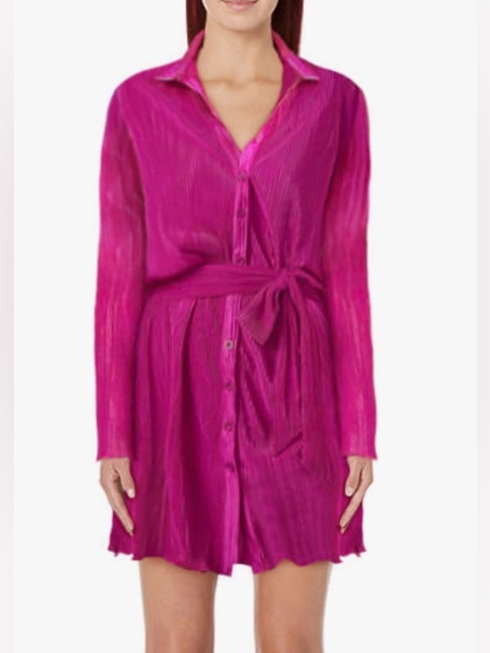 NEW Women’s Bright Pink Button-Front Shirt Dress with Tie Waist Size Small